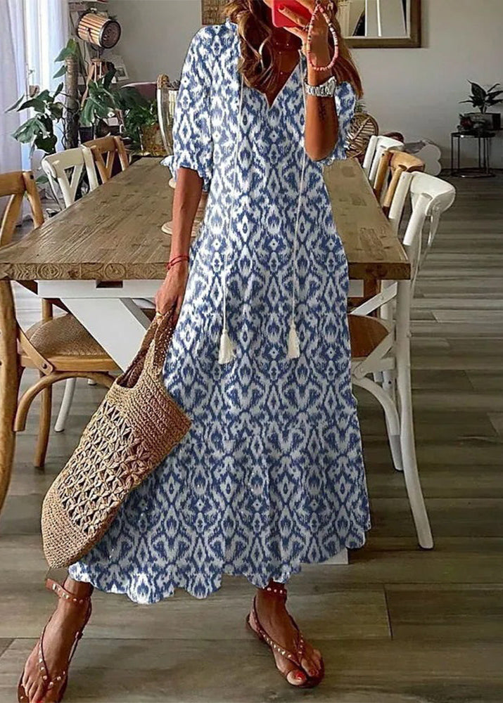 Langes Kleid mit Blumenmuster und Kordelzug-Taille | Ideal für den Sommer