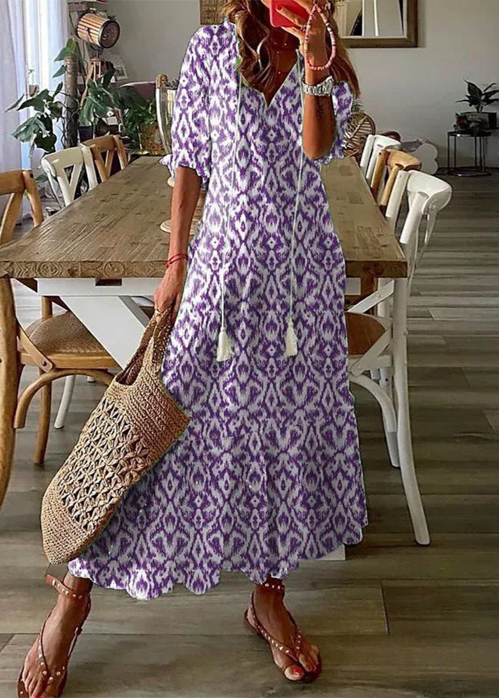 Langes Kleid mit Blumenmuster und Kordelzug-Taille | Ideal für den Sommer