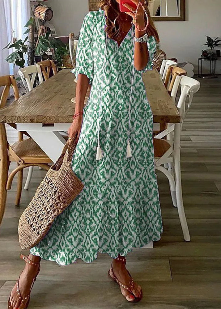 Langes Kleid mit Blumenmuster und Kordelzug-Taille | Ideal für den Sommer