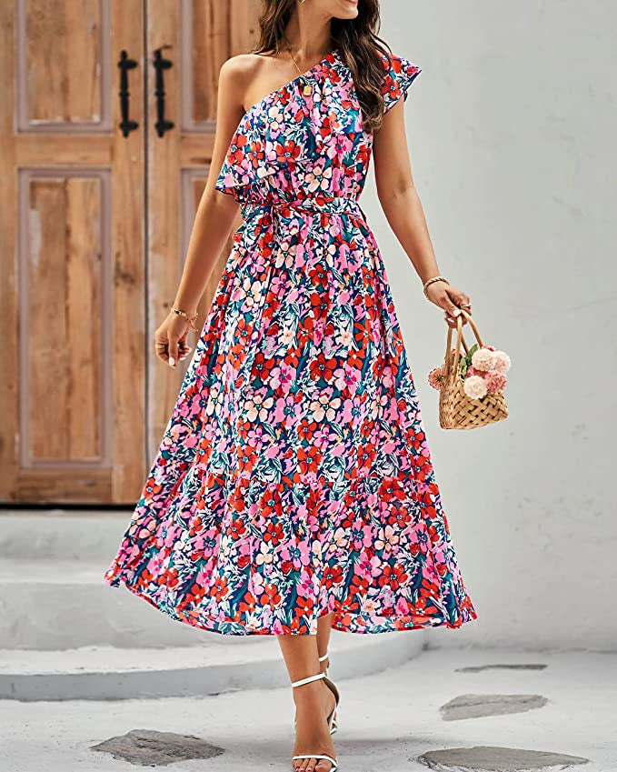 Ärmelloses Boho-Kleid mit asymmetrischer Schulter, hoher Taille und floralem Muster | Ideal für Frühling und Sommer