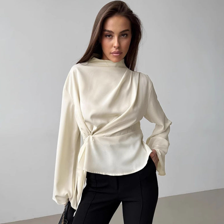Chiffon Stehkragen Glockenärmel Plissiertes Geteiltes Hemd | Ideal für Frühling & Sommer