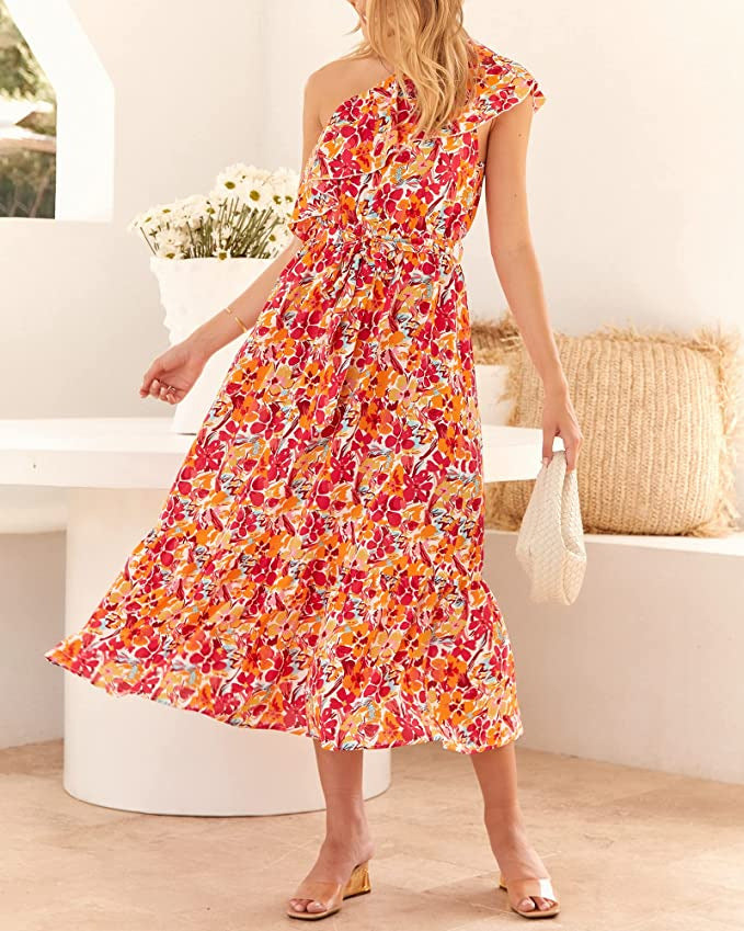 Ärmelloses Boho-Kleid mit asymmetrischer Schulter, hoher Taille und floralem Muster | Ideal für Frühling und Sommer