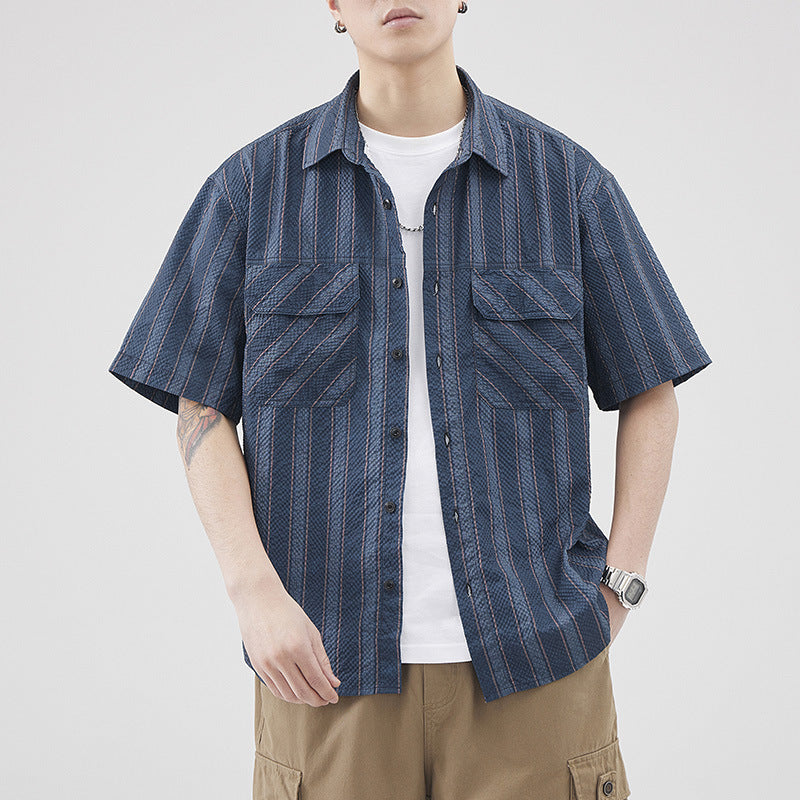 Herren Seersucker Gestreifte Textur Kurzarm-Cardigan – Ideal für den Sommer