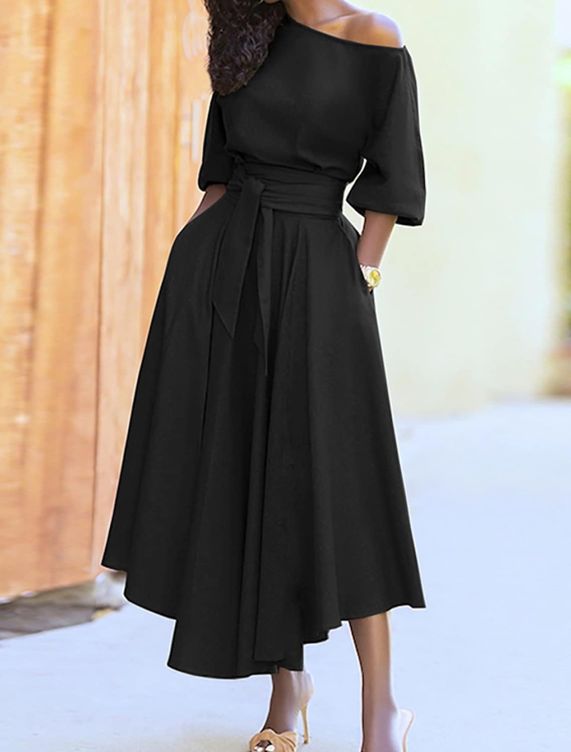 Asymmetrisches Midikleid mit Taillenband und Puffärmeln | Ideal für Frühling und Herbst