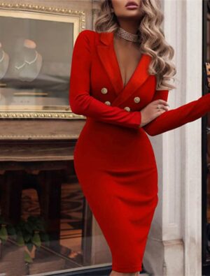 Figurbetontes Midi-Bleistiftkleid mit langen Ärmeln und Knopfdetail | Ideal für Herbst und Winter