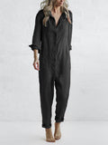 Damen Jumpsuit Langarm aus Baumwolle mit Knopfleiste und Taschen - Ideal für Frühling, Herbst