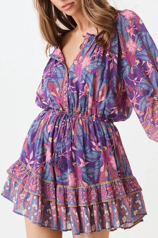 Bedrucktes Langarm-Midikleid mit V-Ausschnitt und Rüschen-Details | Perfekt für Frühling & Herbst