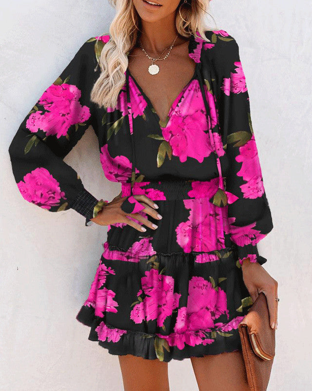 Kleid mit Blumenmuster, Patchwork und Puffärmeln, Tailliert mit Langarm | Ideal für Frühling und Herbst