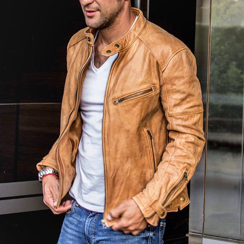 Herren Leder Motorradjacke mit Stehkragen & Reißverschluss – Ideal für Herbst & Winter