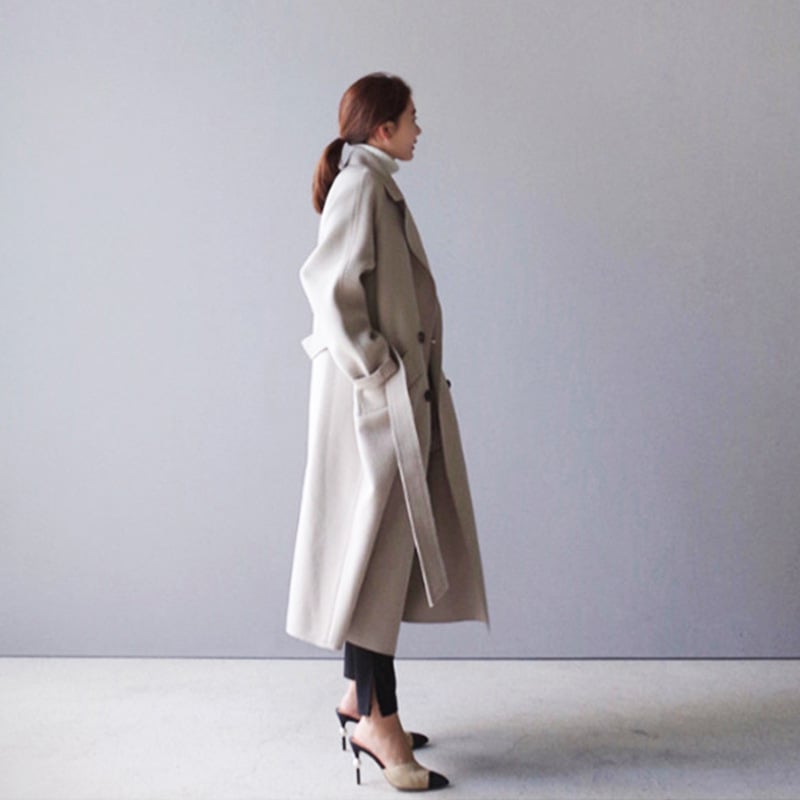 Mittellanger Damen-Wollmantel mit Gürtel | Beidseitig tragbar | Ideal für Herbst & Winter