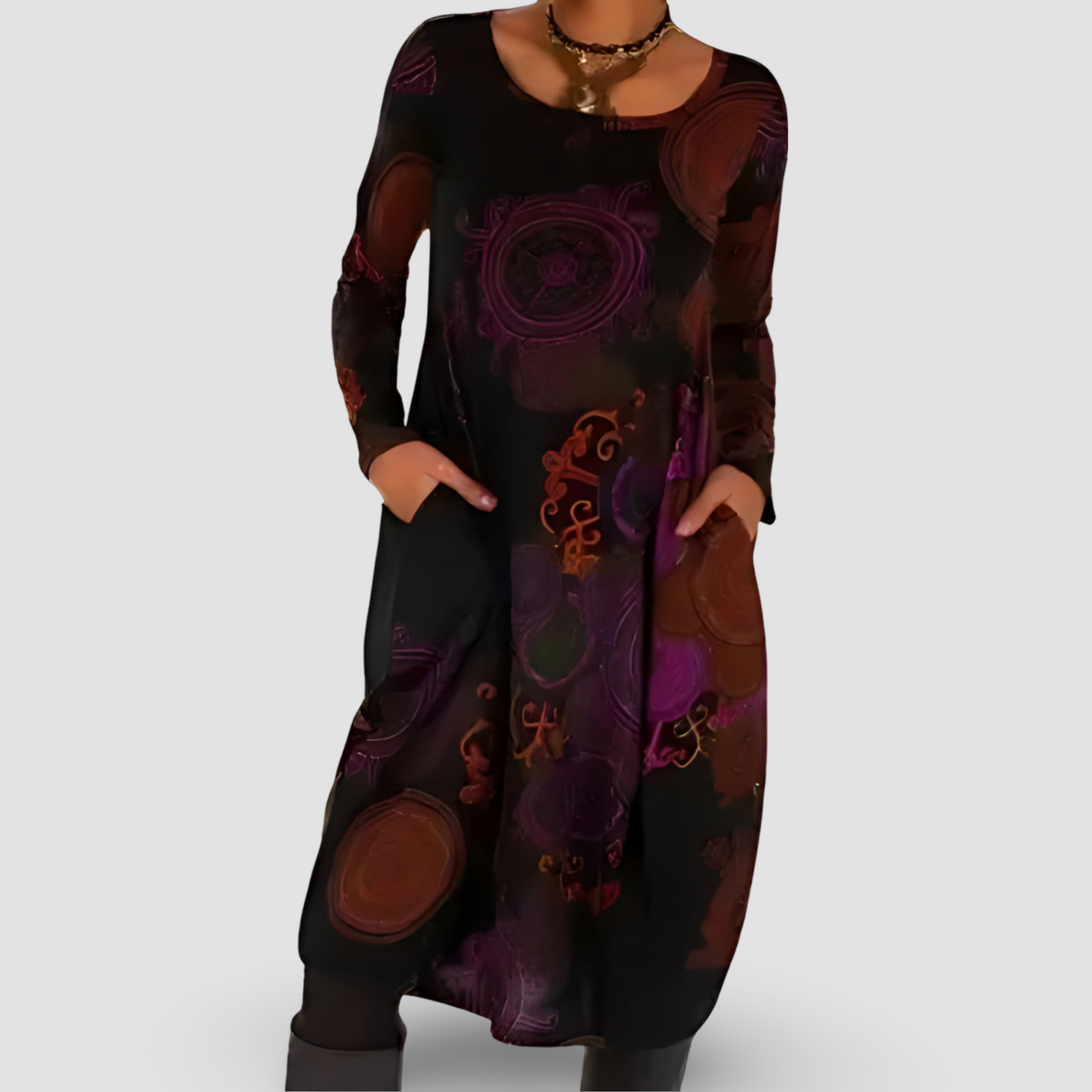 Lockeres Kleid mit langen Ärmeln, künstlerischem Muster und Taschen | Ideal für Herbst und Winter