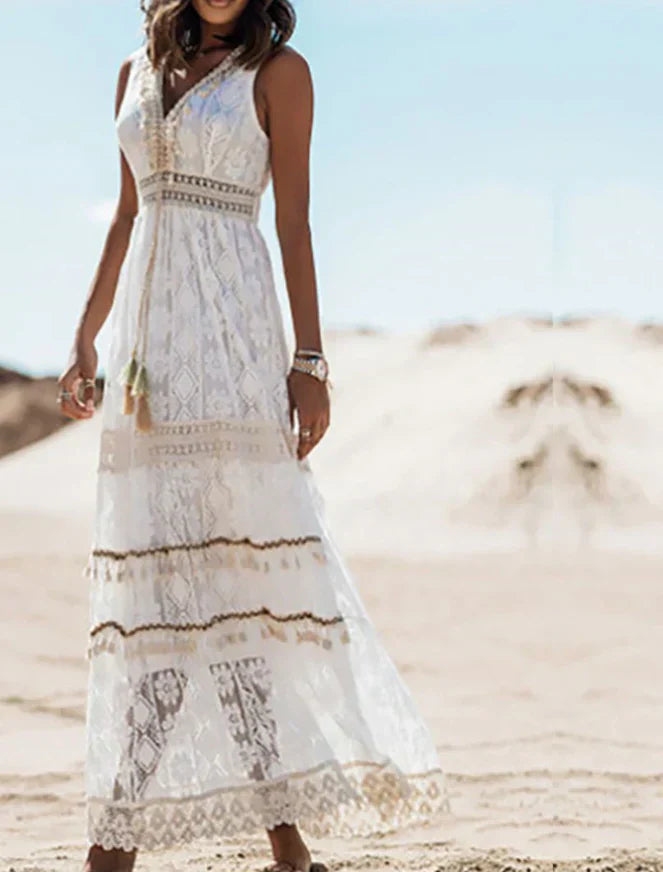 Besticktes Maxi-Kleid mit Spitzendetails | Ideal für Frühling und Sommer