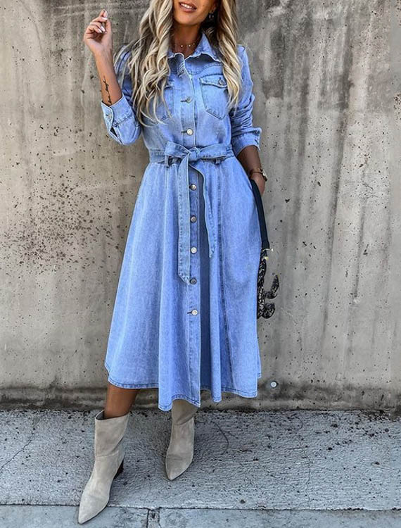 Denim-Midi-Hemdkleid mit langen Ärmeln und Taschen | Ideal für Frühling und Herbst Vielseitiges und Bequemes Jeanskleid