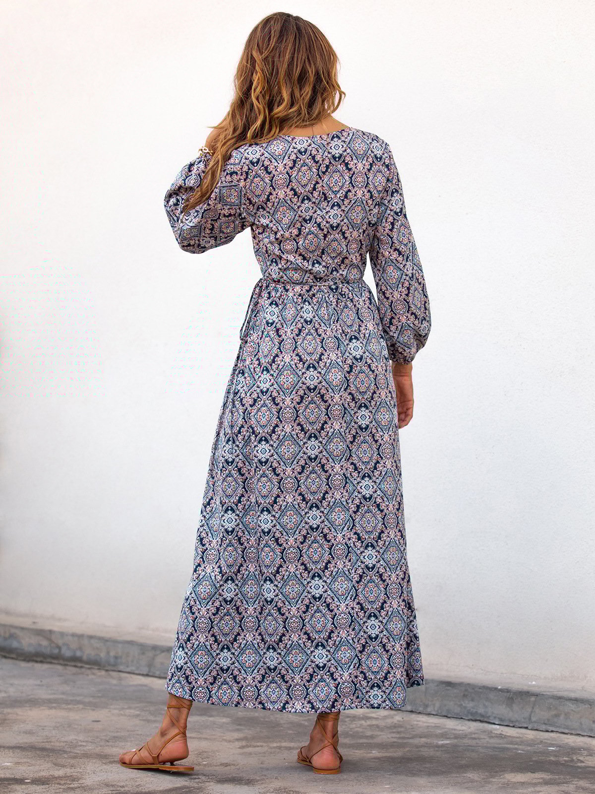 Bedrucktes V-Ausschnitt-Maxikleid mit Laternenärmeln | Perfekt für Frühling & Herbst