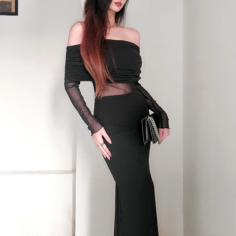Schulterfreies Plissiertes Langarm-Maxikleid | Ideal für den Winter