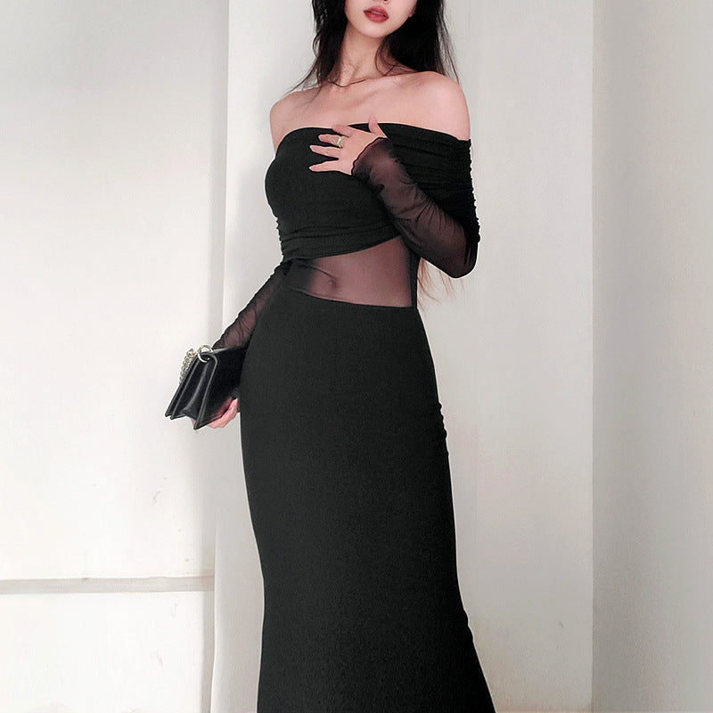 Schulterfreies Plissiertes Langarm-Maxikleid | Ideal für den Winter