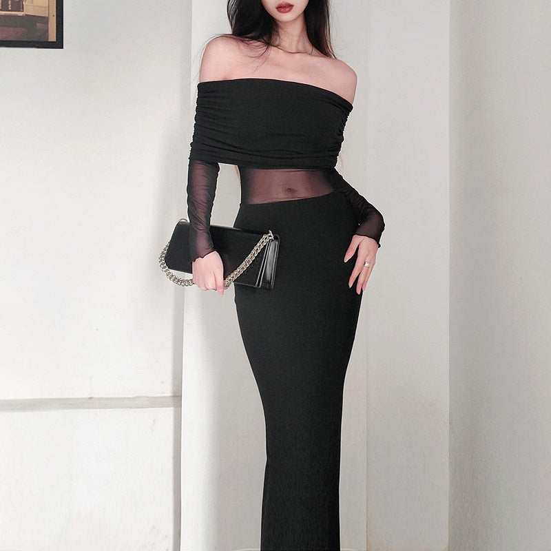 Schulterfreies Plissiertes Langarm-Maxikleid | Ideal für den Winter