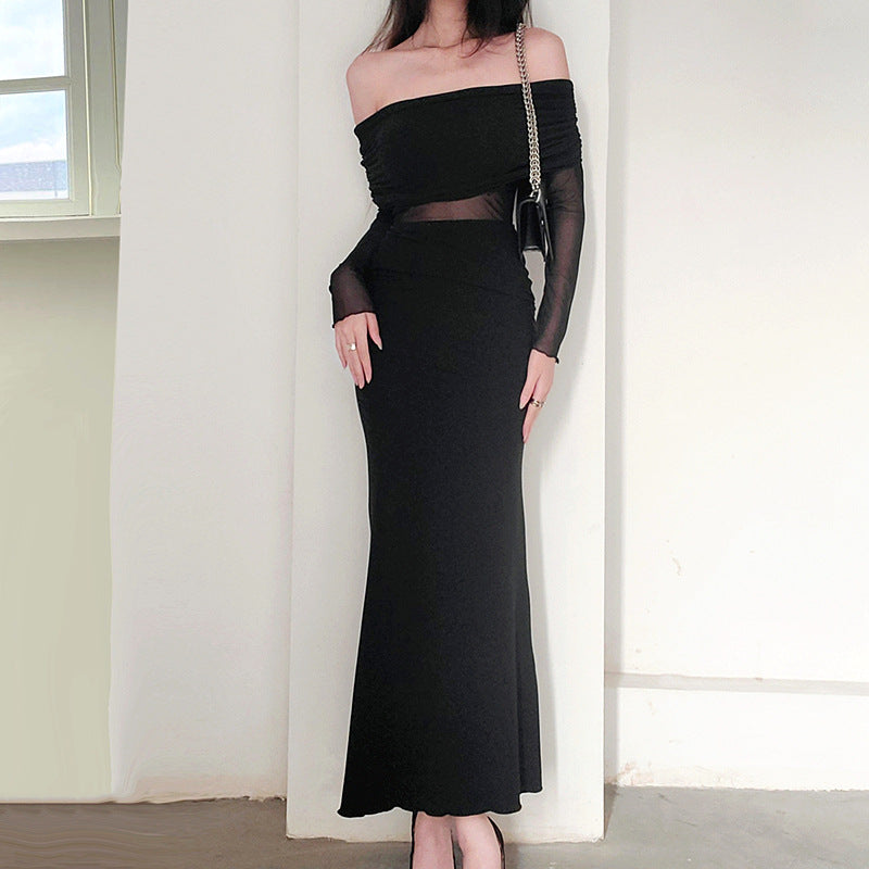 Schulterfreies Plissiertes Langarm-Maxikleid | Ideal für den Winter