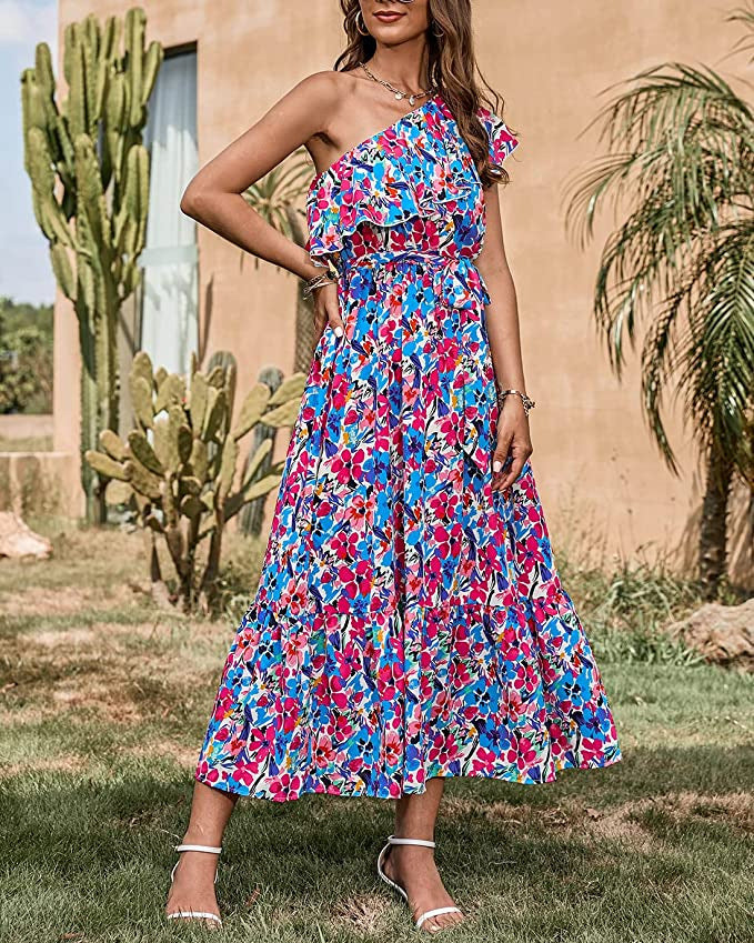 Ärmelloses Boho-Kleid mit asymmetrischer Schulter, hoher Taille und floralem Muster | Ideal für Frühling und Sommer