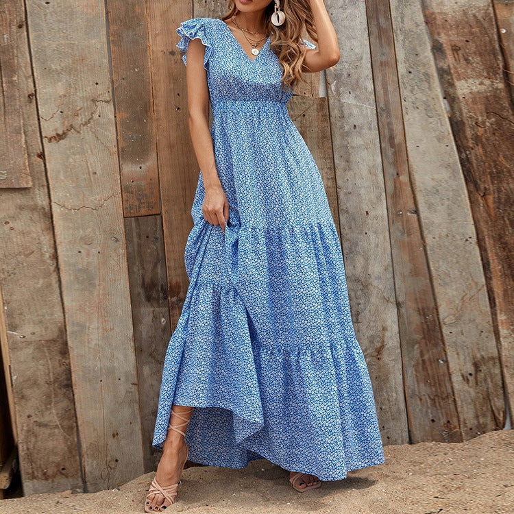 Boho-Kleid mit V-Ausschnitt, floralem Muster und kurzen Ärmeln | Ideal für den Sommer