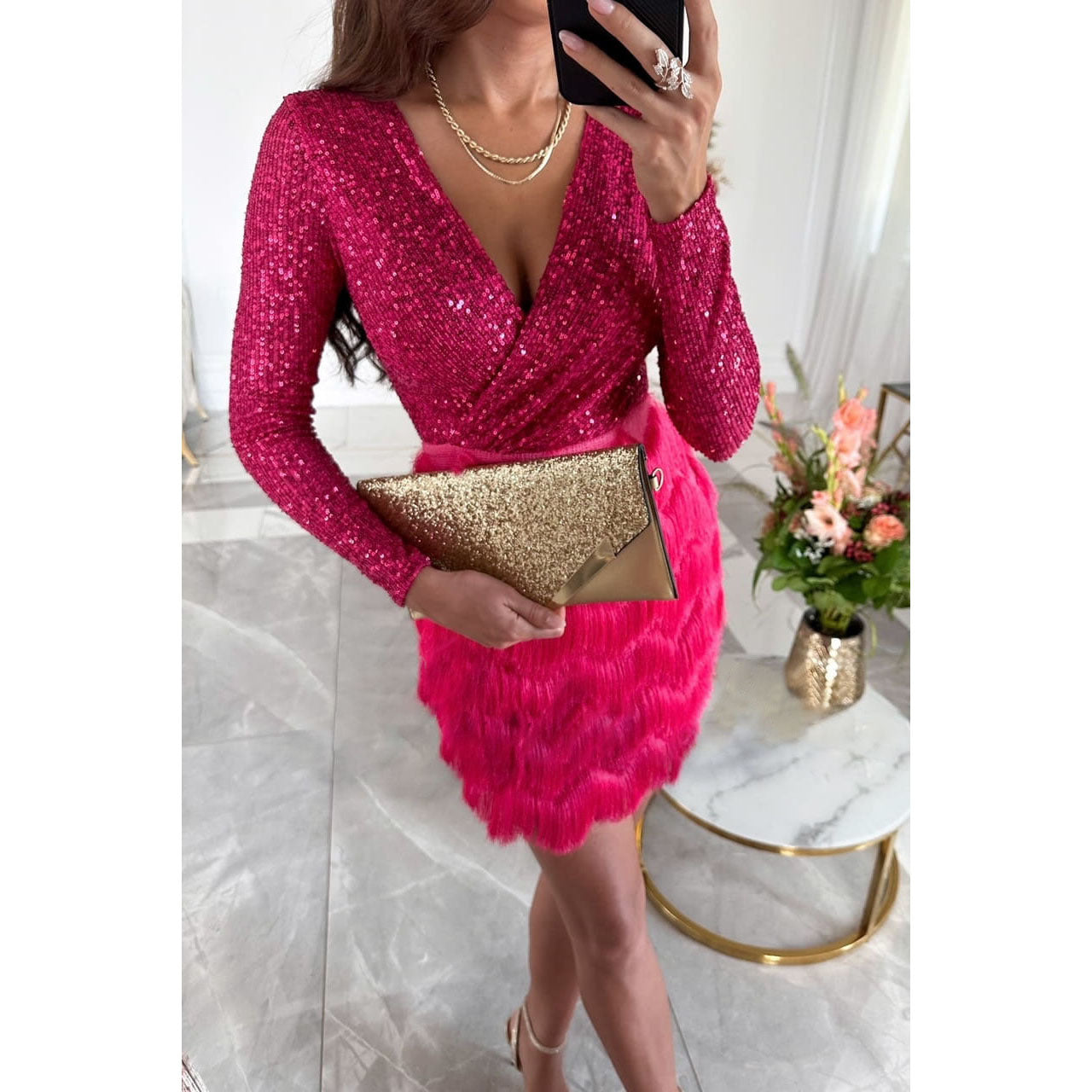 Glitzer-Minikleid mit Fransen-Details | Perfekt für Herbst und Winter