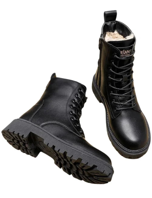 Isolierte Winterstiefel für Damen aus schwarzem Echtleder mit Reißverschluss und rutschfester Sohle | Ideal für Herbst/Winter