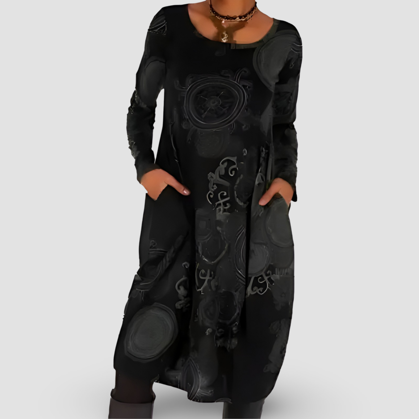 Lockeres Kleid mit langen Ärmeln, künstlerischem Muster und Taschen | Ideal für Herbst und Winter