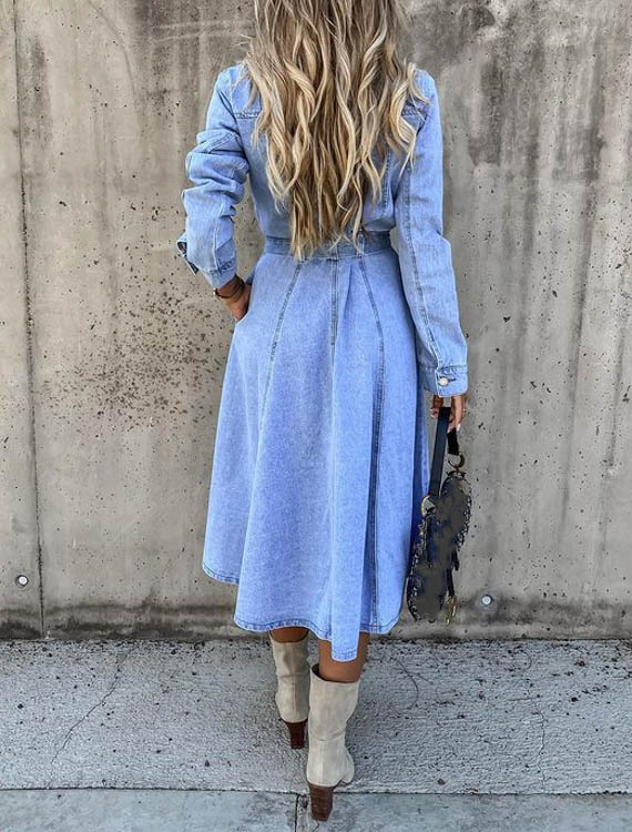 Denim-Midi-Hemdkleid mit langen Ärmeln und Taschen | Ideal für Frühling und Herbst Vielseitiges und Bequemes Jeanskleid