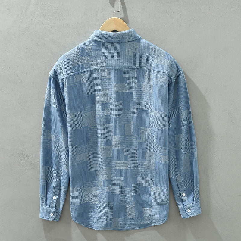 Jacquard Colorblock Denim-Langarmhemd – Ideal für Frühling und Herbst