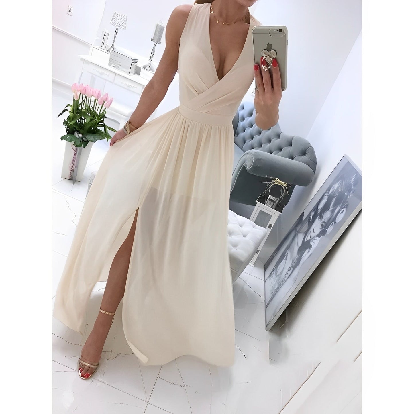 Ärmelloses Weißes Maxi-Kleid mit Holzknöpfen | Ideal für Frühling und Sommer