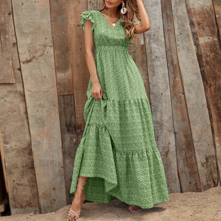 Boho-Kleid mit V-Ausschnitt, floralem Muster und kurzen Ärmeln | Ideal für den Sommer