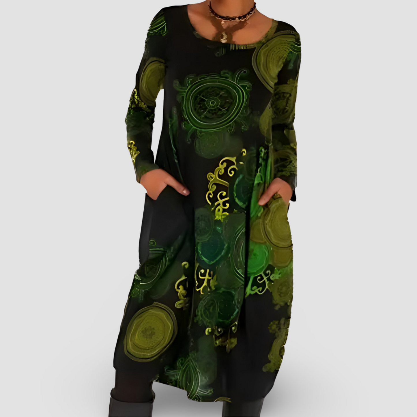 Lockeres Kleid mit langen Ärmeln, künstlerischem Muster und Taschen | Ideal für Herbst und Winter