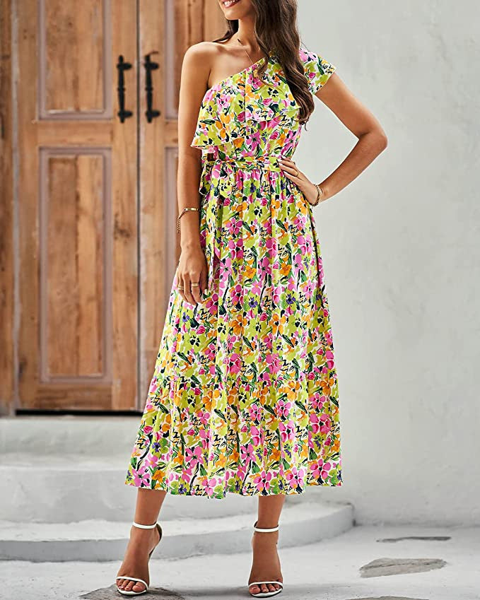 Ärmelloses Boho-Kleid mit asymmetrischer Schulter, hoher Taille und floralem Muster | Ideal für Frühling und Sommer