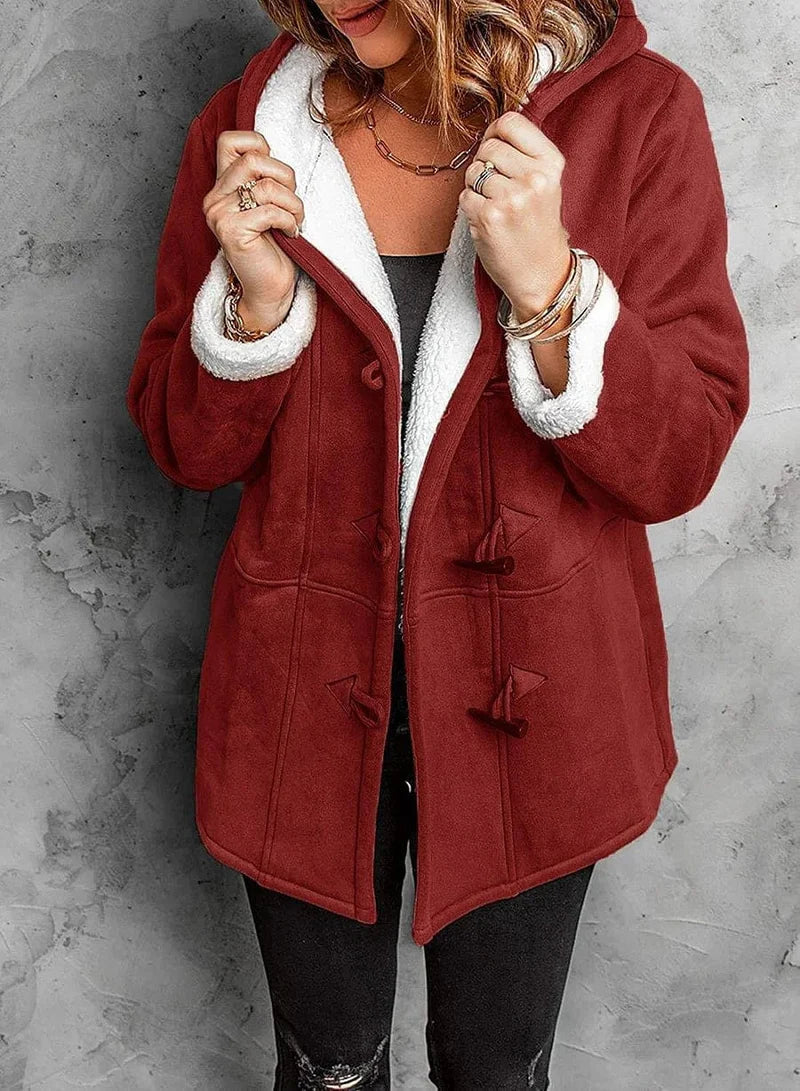 Damen-Wollmixmantel mit Kapuze und Knebelknöpfen – Ideal für den Winter
