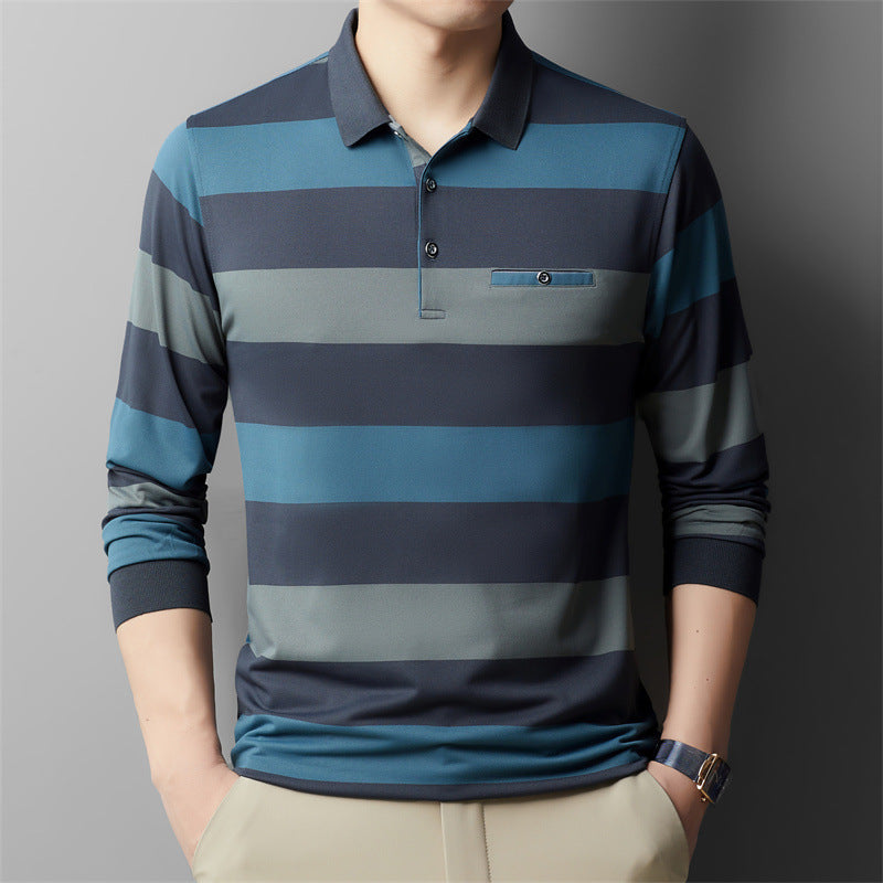 Herren Colorblock Gestreiftes Langarm-Lapel-T-Shirt – Ideal für Frühling und Herbst