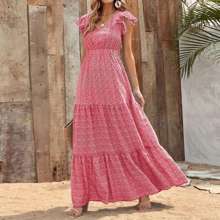 Boho-Kleid mit V-Ausschnitt, floralem Muster und kurzen Ärmeln | Ideal für den Sommer