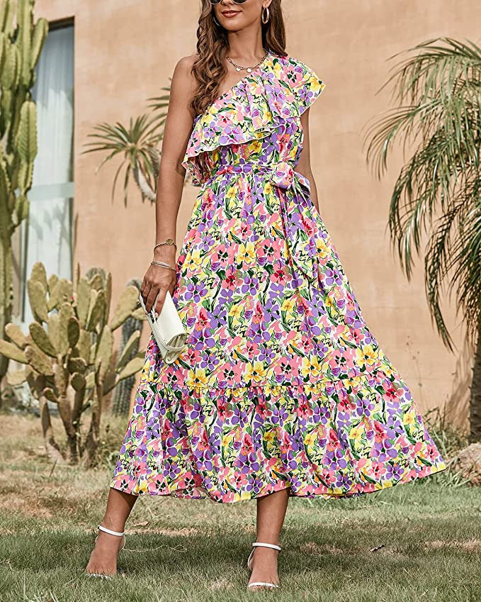Ärmelloses Boho-Kleid mit asymmetrischer Schulter, hoher Taille und floralem Muster | Ideal für Frühling und Sommer