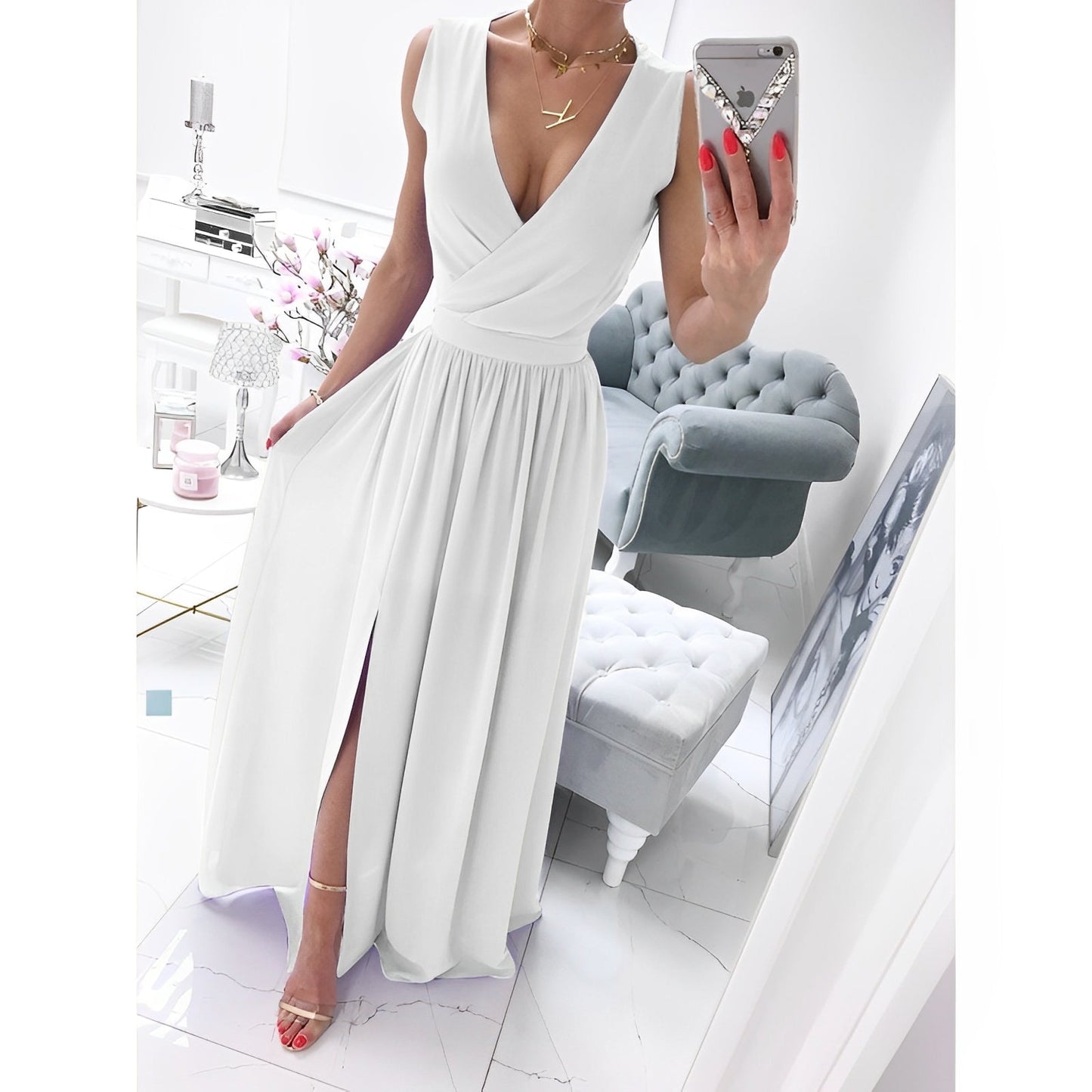 Ärmelloses Weißes Maxi-Kleid mit Holzknöpfen | Ideal für Frühling und Sommer