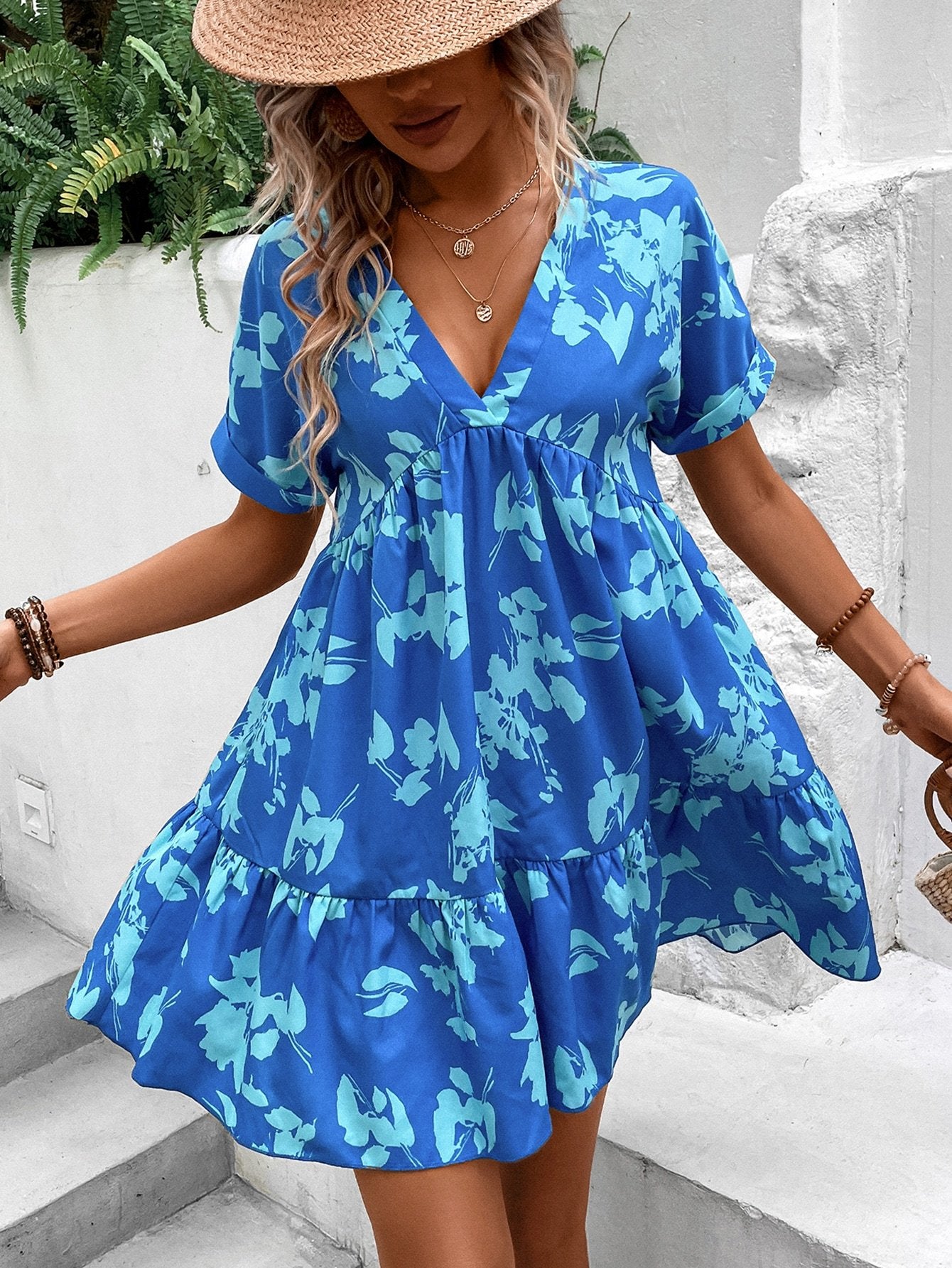 Bedrucktes Smock-Kleid mit Fledermausärmeln & Rüschen-Saum | Perfekt für Frühling & Sommer