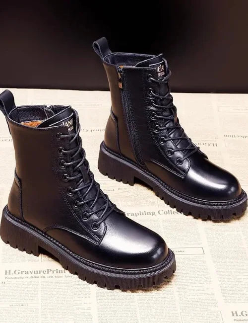 Isolierte Winterstiefel für Damen aus schwarzem Echtleder mit Reißverschluss und rutschfester Sohle | Ideal für Herbst/Winter