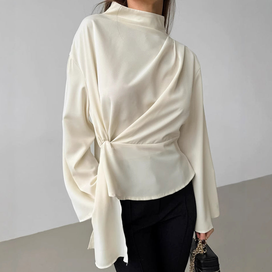 Chiffon Stehkragen Glockenärmel Plissiertes Geteiltes Hemd | Ideal für Frühling & Sommer