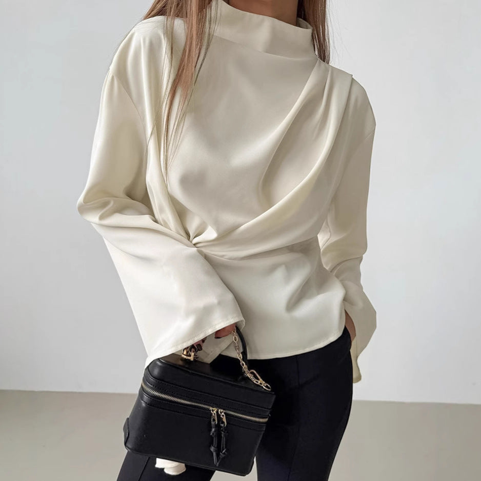 Chiffon Stehkragen Glockenärmel Plissiertes Geteiltes Hemd | Ideal für Frühling & Sommer