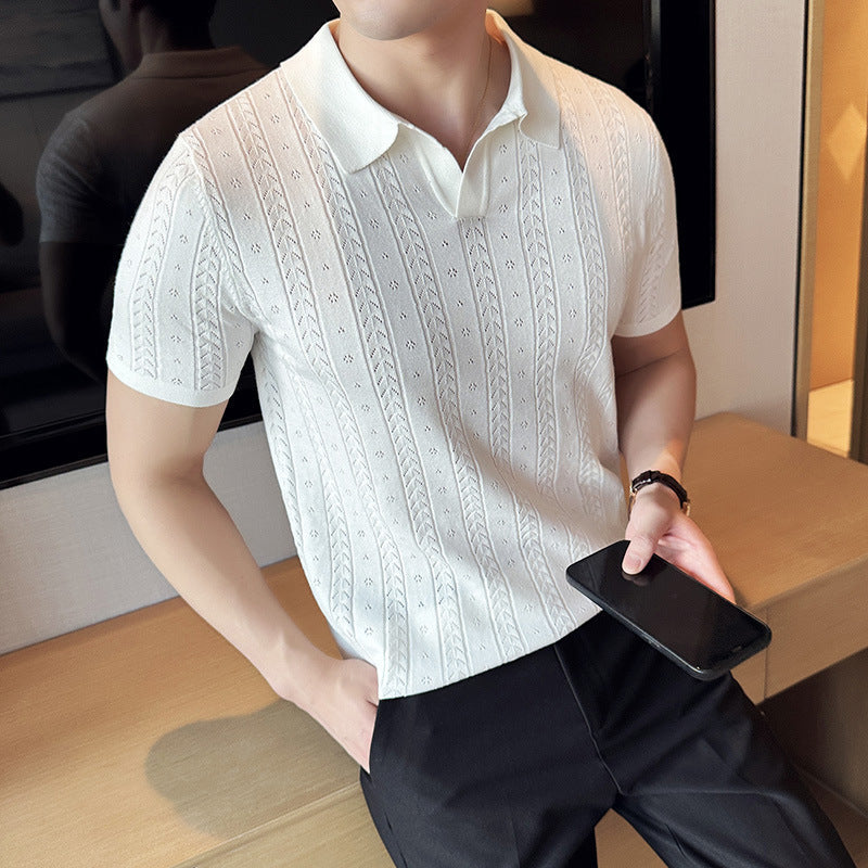 Gestreiftes Jacquard-Strick-V-Ausschnitt-T-Shirt – Perfekt für den Sommer