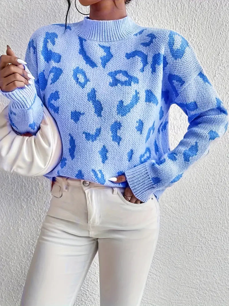 Damenpullover mit Leopardenmuster und Rundhalsausschnitt aus warmem Strick | Ideal für Herbst und Winter