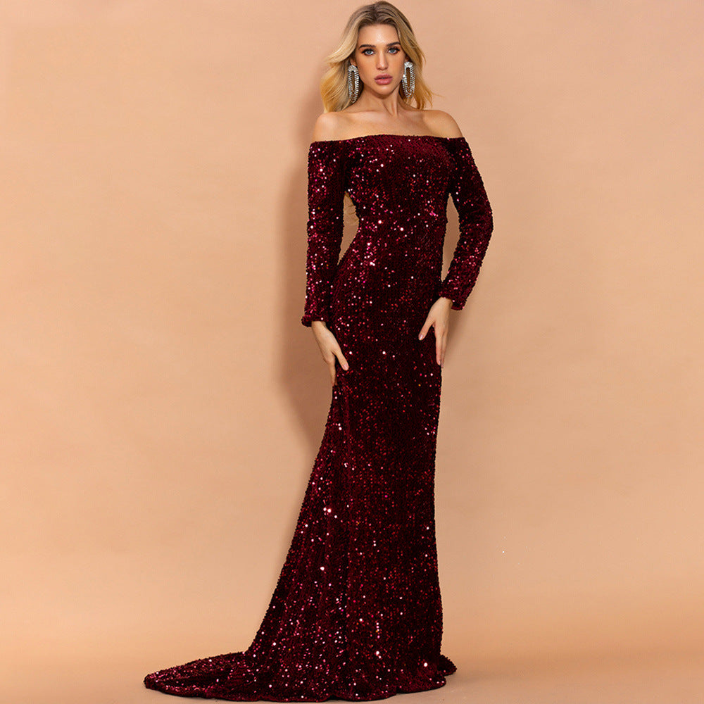 Schulterfreies Abendkleid mit langen Ärmeln und Pailletten | Ideal für Herbst und Winter