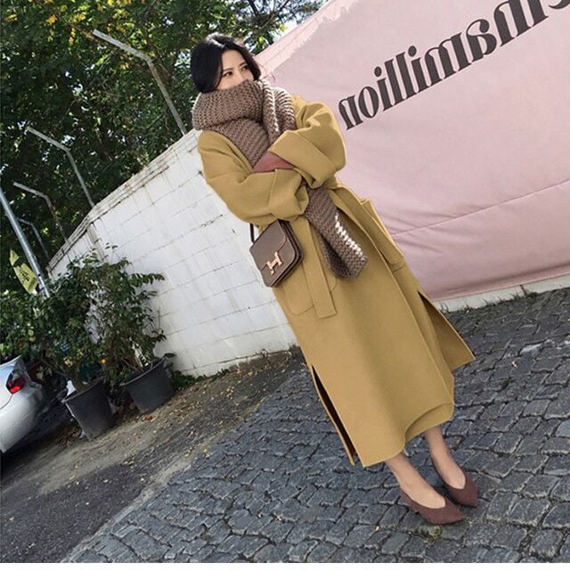 Mittellanger Damen-Wollmantel mit Gürtel | Beidseitig tragbar | Ideal für Herbst & Winter