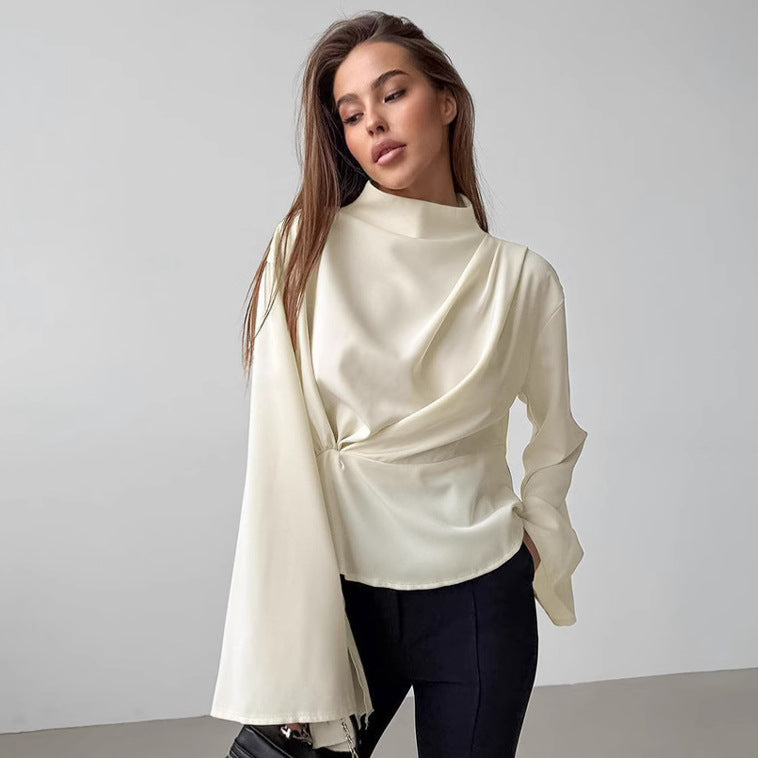 Chiffon Stehkragen Glockenärmel Plissiertes Geteiltes Hemd | Ideal für Frühling & Sommer