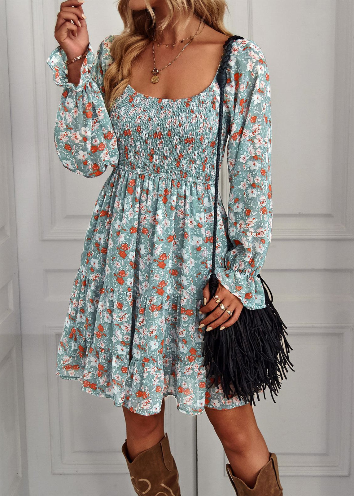 Blumenmuster Midi-Kleid mit Rüschenärmeln und U-Ausschnitt | Ideal für Frühling und Sommer