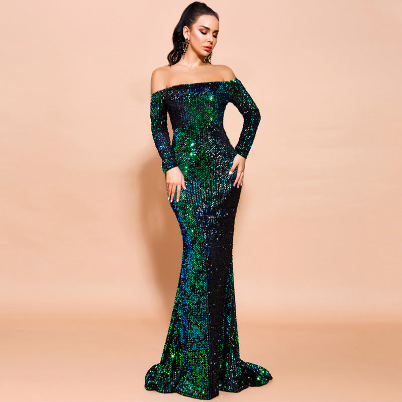 Schulterfreies Abendkleid mit langen Ärmeln und Pailletten | Ideal für Herbst und Winter