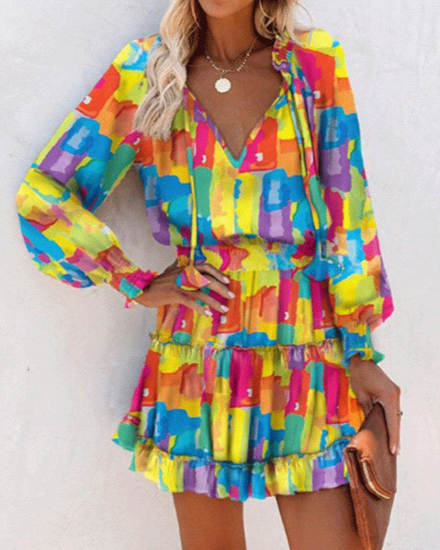 Kleid mit Blumenmuster, Patchwork und Puffärmeln, Tailliert mit Langarm | Ideal für Frühling und Herbst
